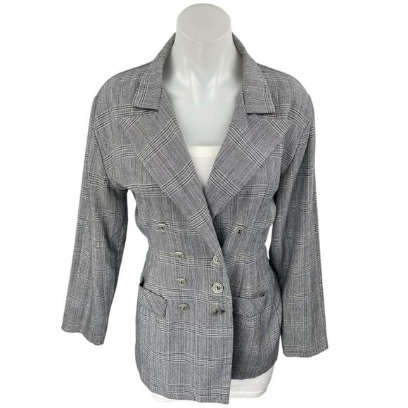 Paris Sport Club Women Gray Plaid Long Sleeve Double Breasted Blazer Jacket Sz S - Picture 1 of 4